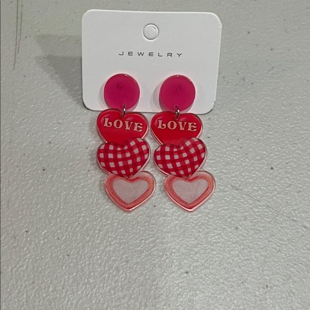 Pink & Red LOVE Heart Dangle Earrings New